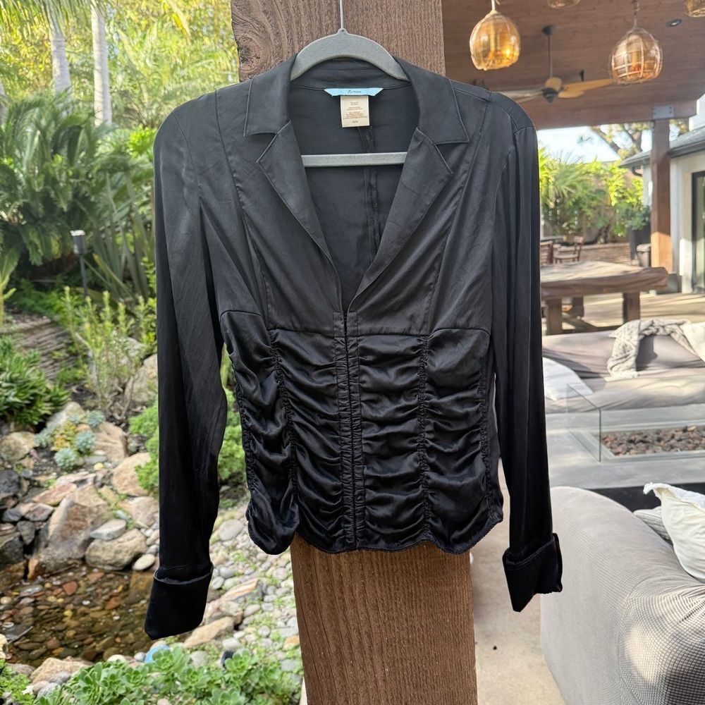 MARCIANO black stretchy silk ruched collared long sleeve blouse